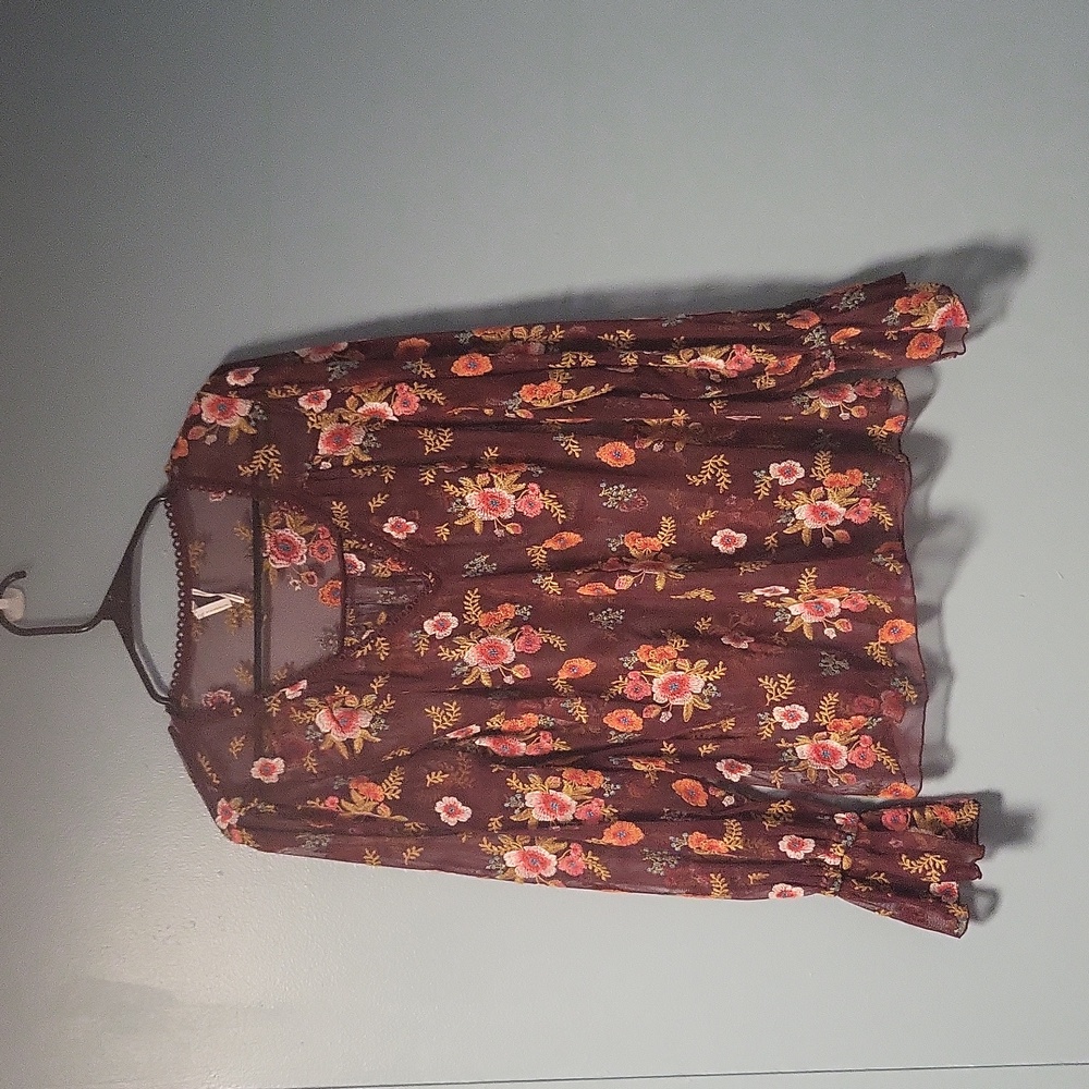 Anthropologie Feather and Bone Sheer Floral embroidered shirt